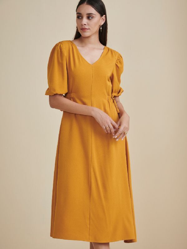 V Neck Elasticated Waist Midi Dress, Size : XS, XL, XXL