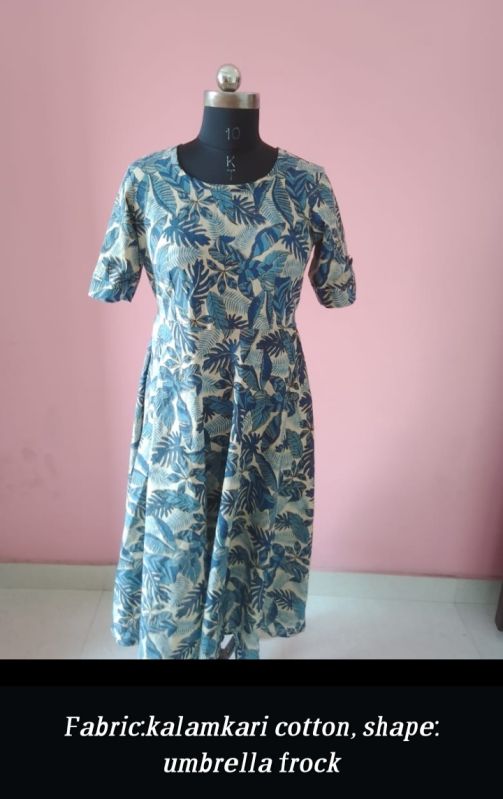 Short Sleeve Ladies Kalamkari Cotton Umbrella Frock, Feature : Anti-Wrinkle, Comfortable, Easily Washable