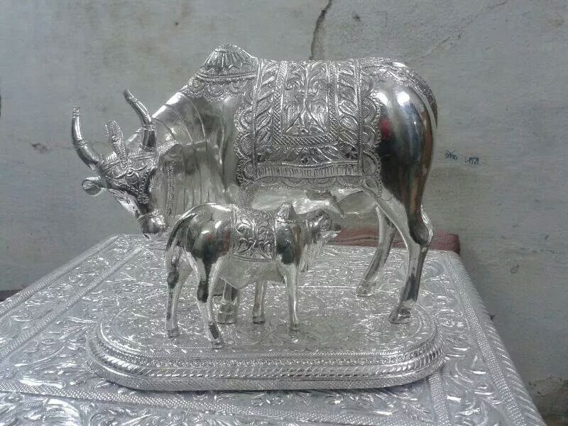 Silver Coated Cow With Stand Statue