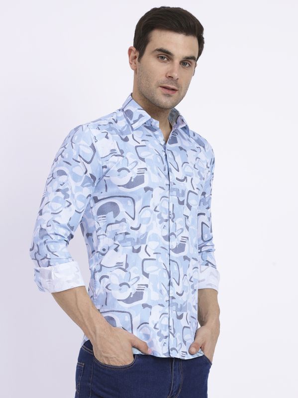 AZURE BLUE GEO-ABSTRACT PRINTED CASUAL SHIRT, Size : M, XL, XXL