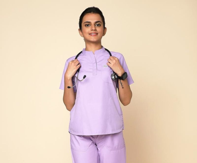 Knya Classic Womens Pastel Lilac 5-Pocket Mandarin Scrub Suit