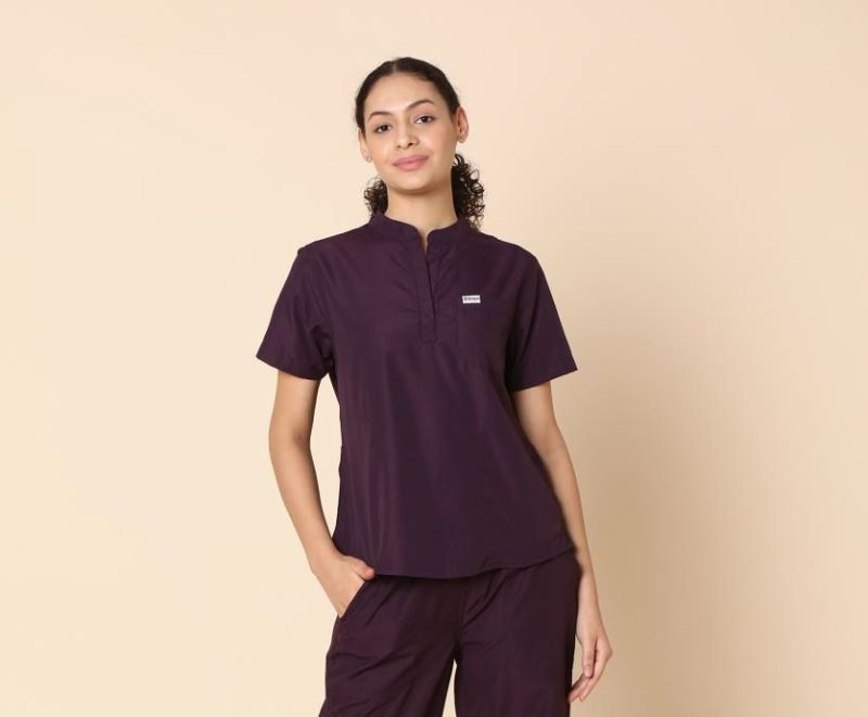 Ladies Wine Mandarin Medical Scrub Suit For Clinical Hospital Feature Comfortable Easily 3681