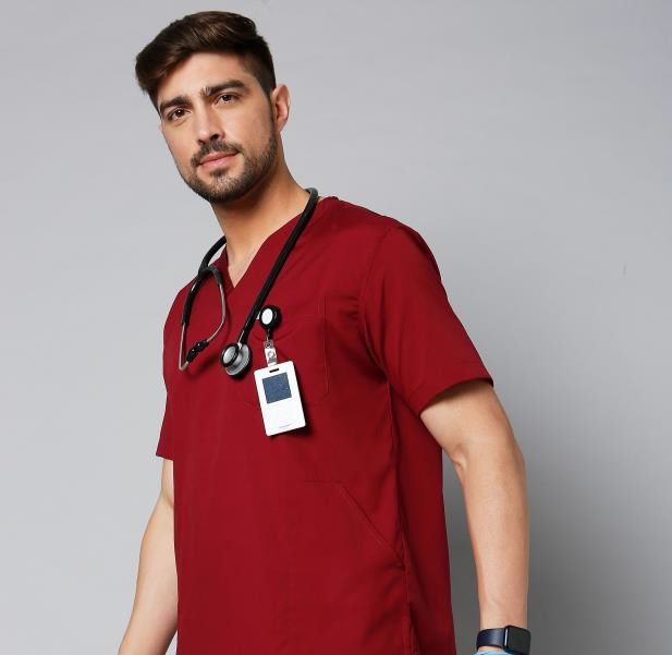 Knya Active Mens Maroon 5-Pocket Scrub Suit