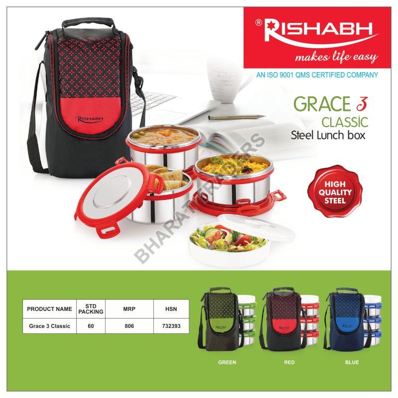Multi Color Grace 3 Classic Steel Lunch Box, for Food Packing