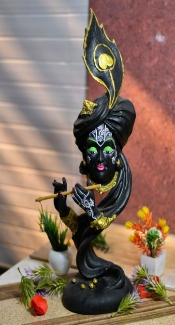 Black Polyresin Pankh Krishna Statue, for Interior Decor, Packaging Type : Thermocol Box