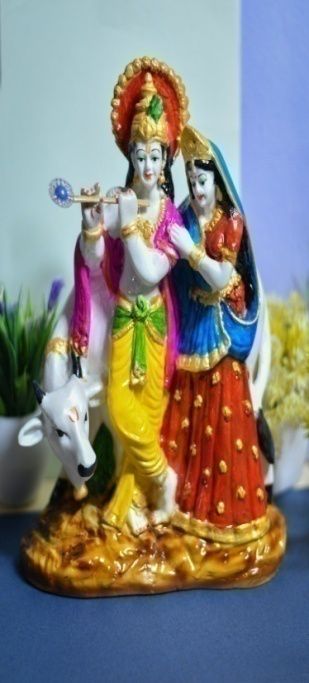 Multicolor Marble Radha Krishna Statue With Cow, for Interior Decor, Packaging Type : Carton Box