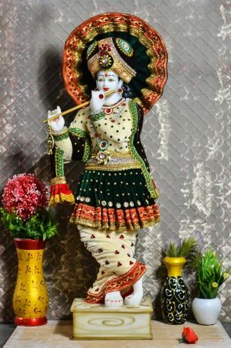 Multicolor Marble Standing Krishna Statue, for Worship, Interior Decor