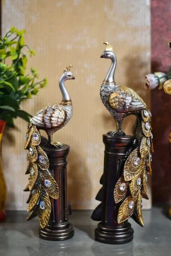 Polyresin Peacock Pair Statue, for Interior Decor, Packaging Type : Carton Box