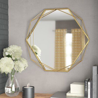 Golden Hexagonal Iron Frame Gold Geometric Round Mirror, for Decorative, Mounting Type : Wall Mounted