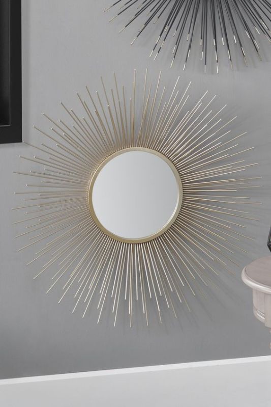 Round golden Metal Wall Mirror, for Hotels, Interior, Decorative, Frame Material : Bronze