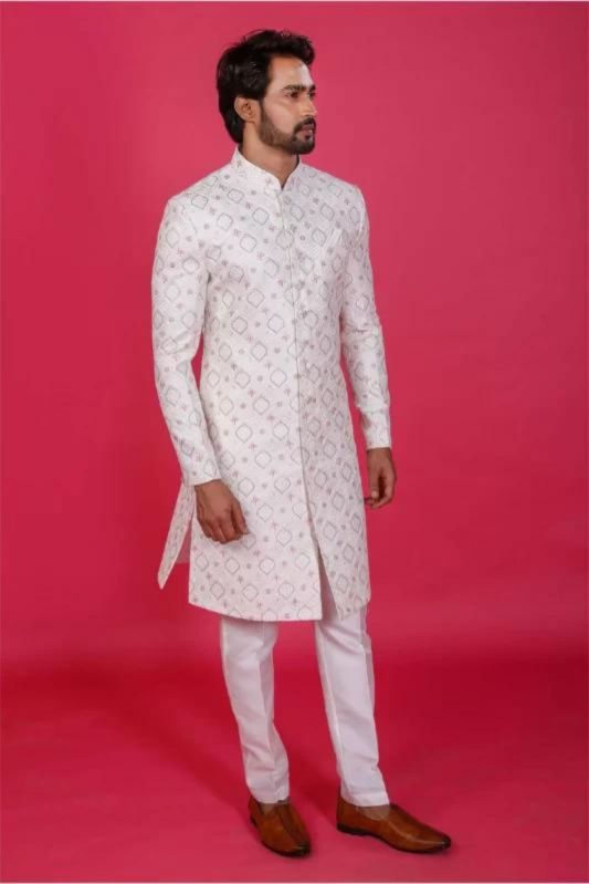 White Lucknowi Diamond Pattern Indo Western, Feature : Anti-wrinkle, Comfortable, Fad Less Color, Impeccable Finish