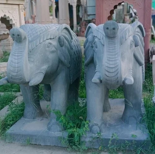 Polished 200 Kg Carved Sandstone Grey Elephant Statue, for Decoration, Style Type : Contemporary