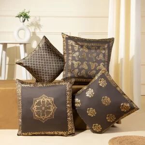 Dark Brown Golden Square Heritage Satin Silk Cushion Cover, for Sofa, Bed, Chairs, Size : 16x16 inch