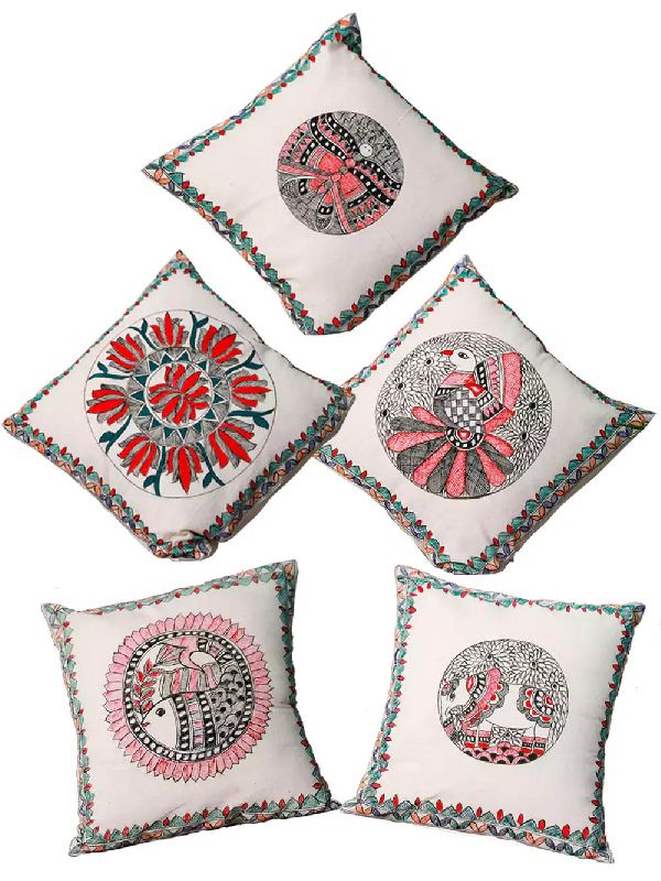 Square Cotton S2dc01 Madhubani Cushion Cover Pattern Hand Painted