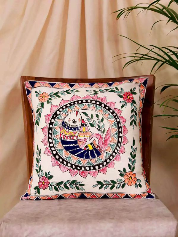 Hand Painted Cotton S2DC20 Madhubani Cushion Cover, Size : 16x16 Inch