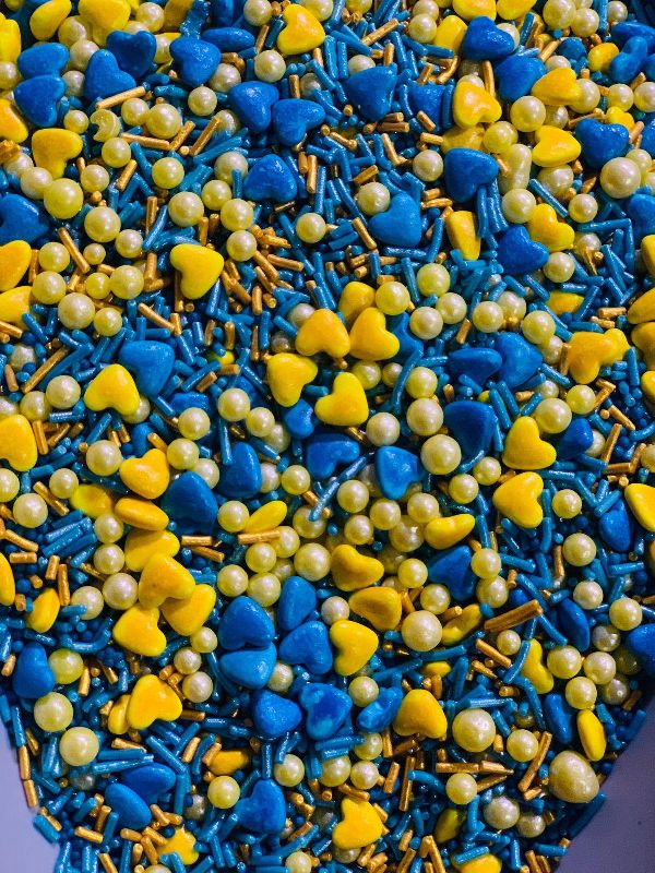 Blue and Yellow Mixed Cake Sprinkle, Packaging Type : Plastic Packets