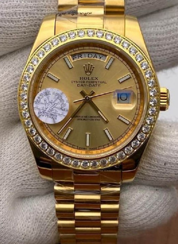 Rolex Day- Date Full Gold Diamond Bezel Stick Marker Golden Dial Swiss Automatic Watch