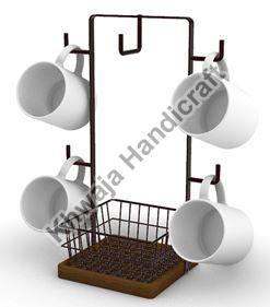 Square Iron Mug Stand with Basket, for Home, Feature : Matte Finish