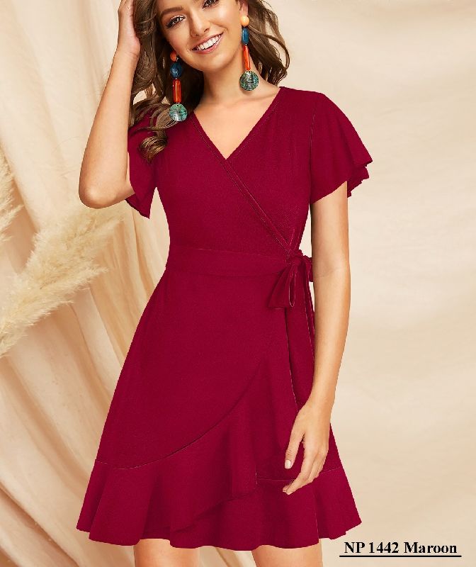 Plain Maroon Ruffle Dress, Packaging Type : Packet