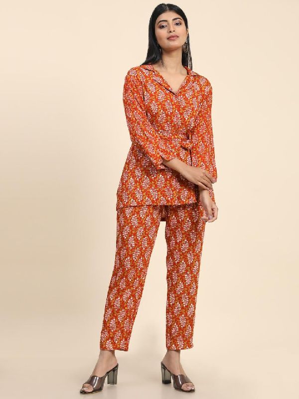 Full Sleeves Cotton Orange Printed Co-ord Set, Packaging Type : Packet