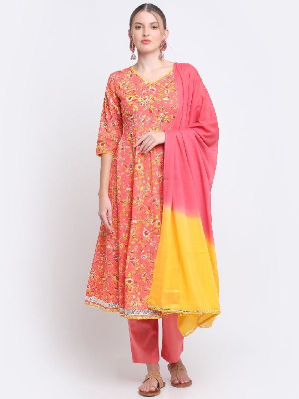Printed Peach Anarkali Suit, Occasion : Casual Wear