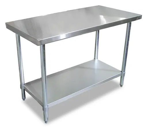 Braham Arpan Polished Metal Work Table with Undershelf, Shape : Rectangular