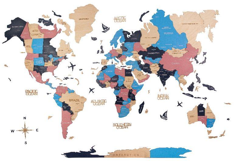 3D Wooden World Map Cotton Candy