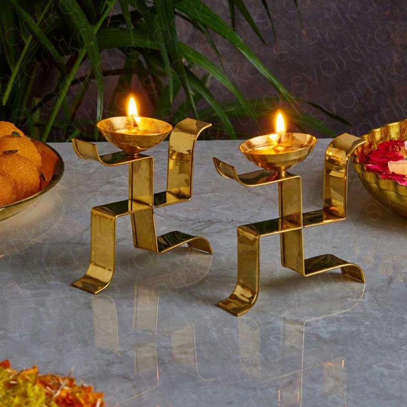 Vertical Swastika Symbol Brass Akhand Diya (Set of 2)