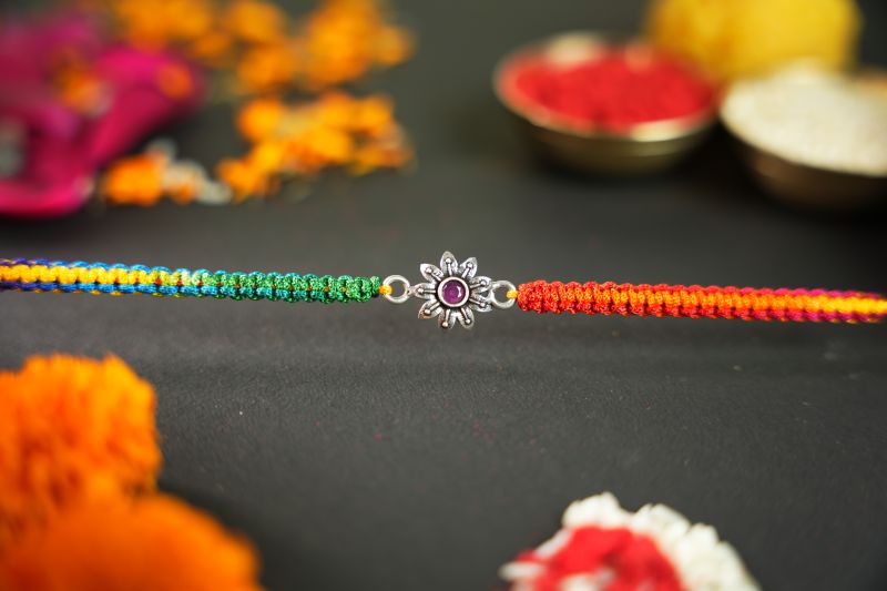 Multi Color Flower Design Cut Stone Silver Rakhi, Technics Hand Made