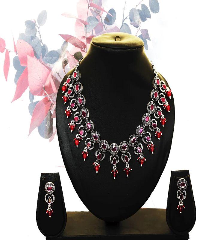 Red Stone Silver Necklace Set, Packaging Type : Box