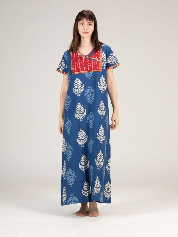Ladies Indigo Printed Cotton Nightgown, Size : M, XL, XXL