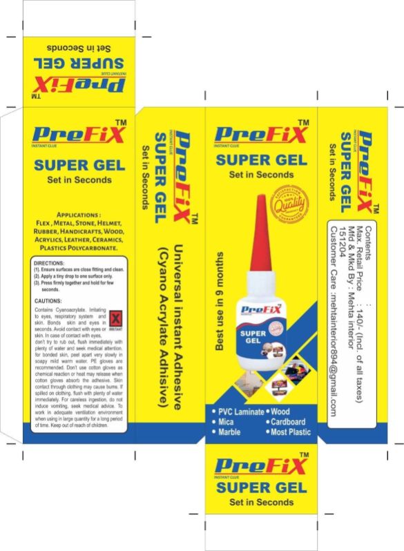 Prefix Instant Glue Super Gel, For Home, Industrial, Feature : Accurate Composition, Durable, Impact Resistant