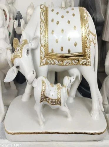 White Marble Kamdhenu Cow and Calf Statue, for Shiny, Dust Resistance, Size : 3 Feet