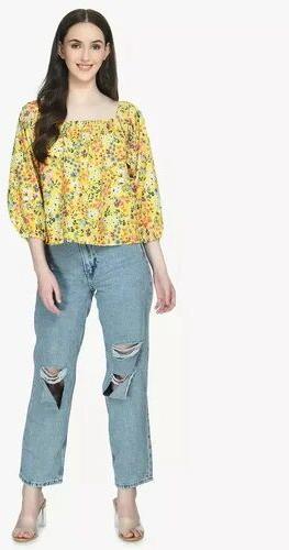 Cotton Printed Puff Sleeve Top