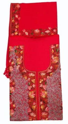 Red Pashmina Unstitched Embroidered Suit, Occasion : Party Wear