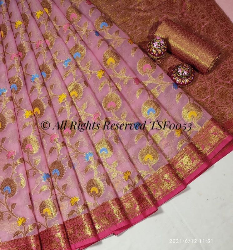 Patola organza copper zaree saree, for Easy Wash, Width : 7 Meter