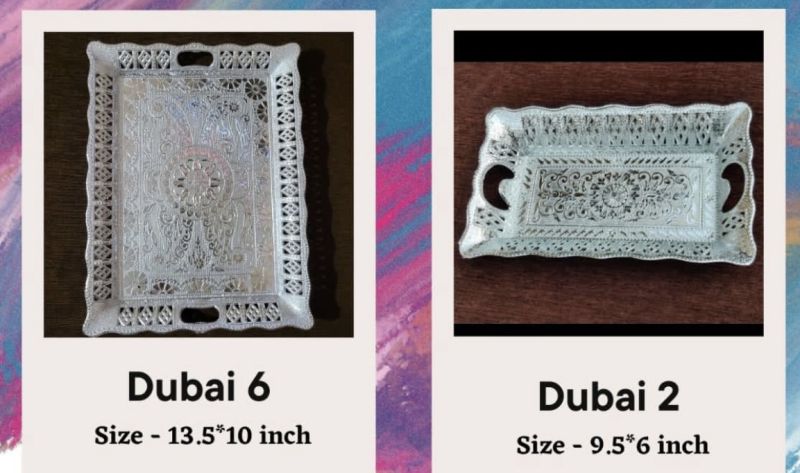 Plastic 60-70 Gram Polished Dubai-2 Silver Plated Tray, For Homes, Wedding, Packaging Food Items, Size : 10x6 Inch