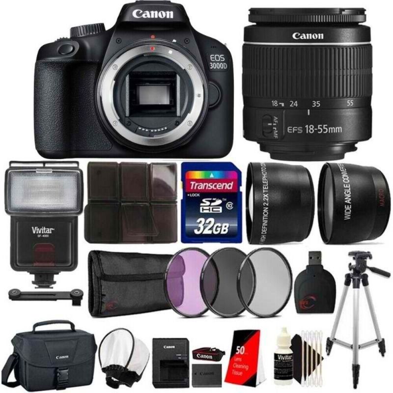 Canon EOS 3000D Rebel T100 SLR Camera 18-55mm Lens and 32GB Accessory Kit