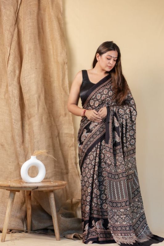 Hand Block black printed saree