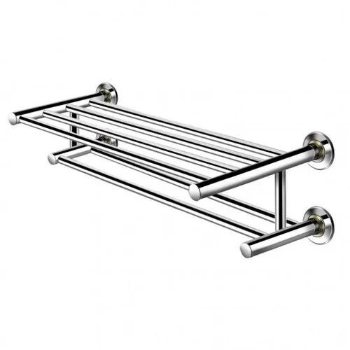 Silver Chrome Plated Stainless Steel Round Pipe Double Shelf, for Bathroom Use, Size : 17 x 15 x 5 inch