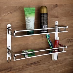 Silver Chrome Plated Stainless Steel Square Pipe Double Shelf, for Bathroom Use, Size : 17 x 15 x 5 inch