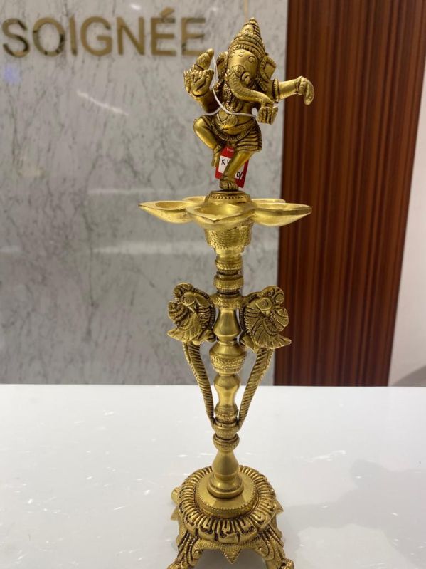 Golden Plain Polished Brass Ganesha Oil Lamp, Style : Antique