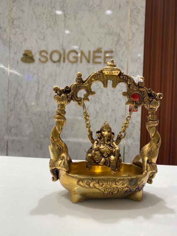 Round Brass Lord Ganesha Swing Statue, for Interior Decor, Office, Home, Gifting, Religious Purpose