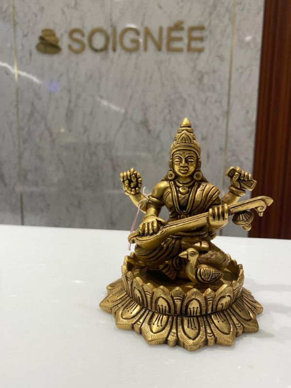 Golden Plain Brass Saraswati Statue, for Worship, Temple, Interior Decor, Office, Home, Gifting