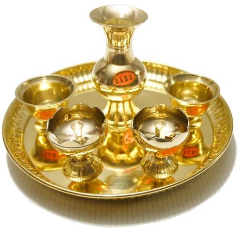 Polished Brass pooja thali sets, Size : 6 Inch