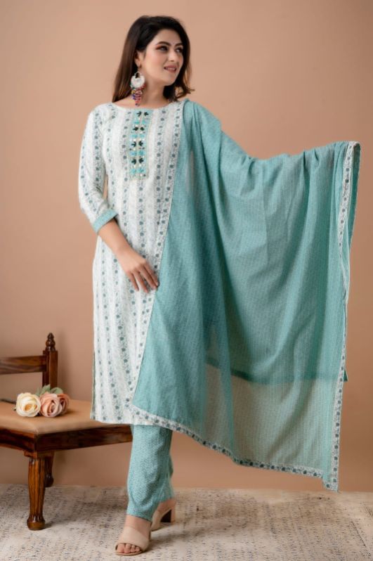 Kulsaj womens rayon procion print light blue straight kurti