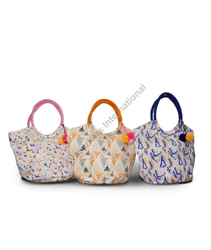 Printed Canvas Abstract Bag, Specialities : Inside Lining, Inside Pocket, Top Magnet Closure, Pom-Pom Hanging