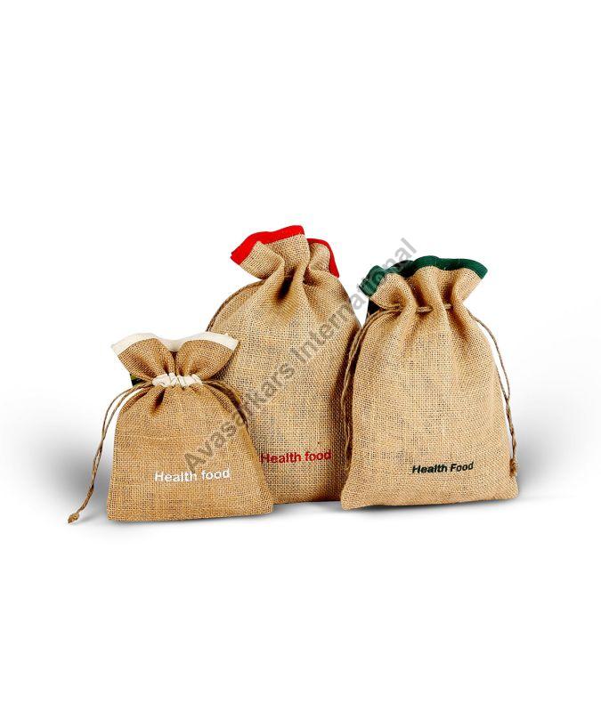 Brown Natural Jute Drawstring Packaging Bags, Pattern : Plain
