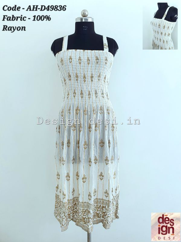 Design Desi Floral Pattern Rayon Cindrellical White Dress, Size : Free