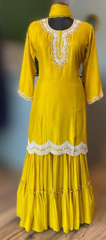 Yellow Partywear Sharara, Size : L, M, XL, XXL